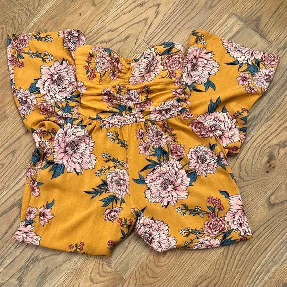 Boho! [band of gypsies] Yellow Pink Teal Floral Strapless Wide Leg Jumpsuit | XS - Picture 3 of 10